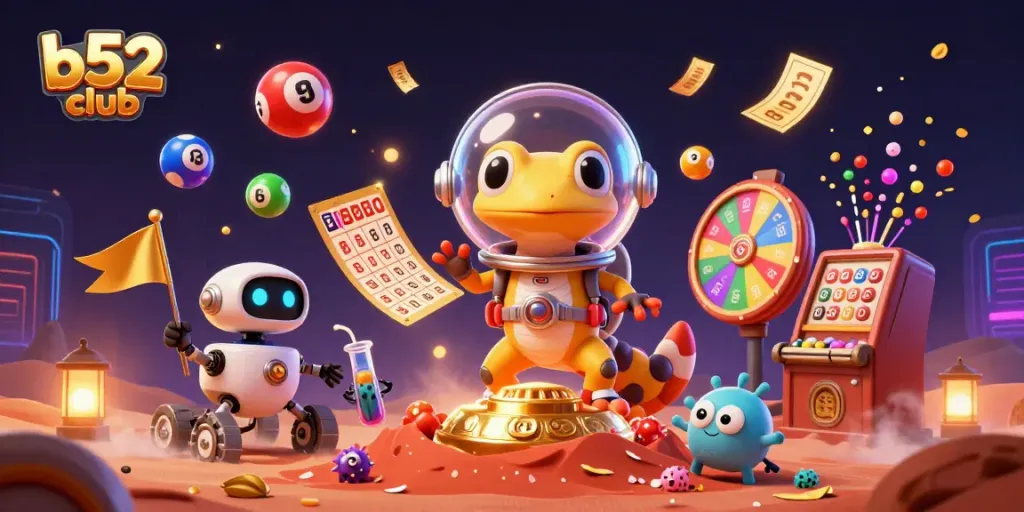B52 club players hitting the jackpot in a vibrant casino scene with colorful lottery balls and dynamic visuals