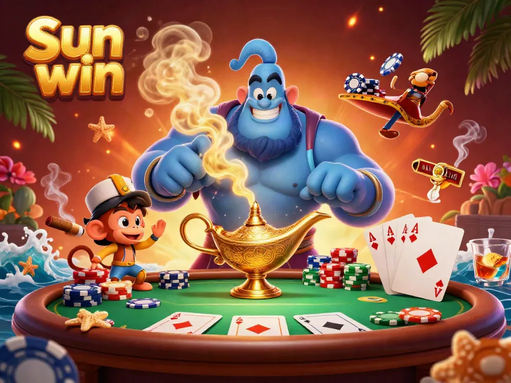 Sun win showcases high-energy casino fun with a genie, poker chips, and gaming elements.