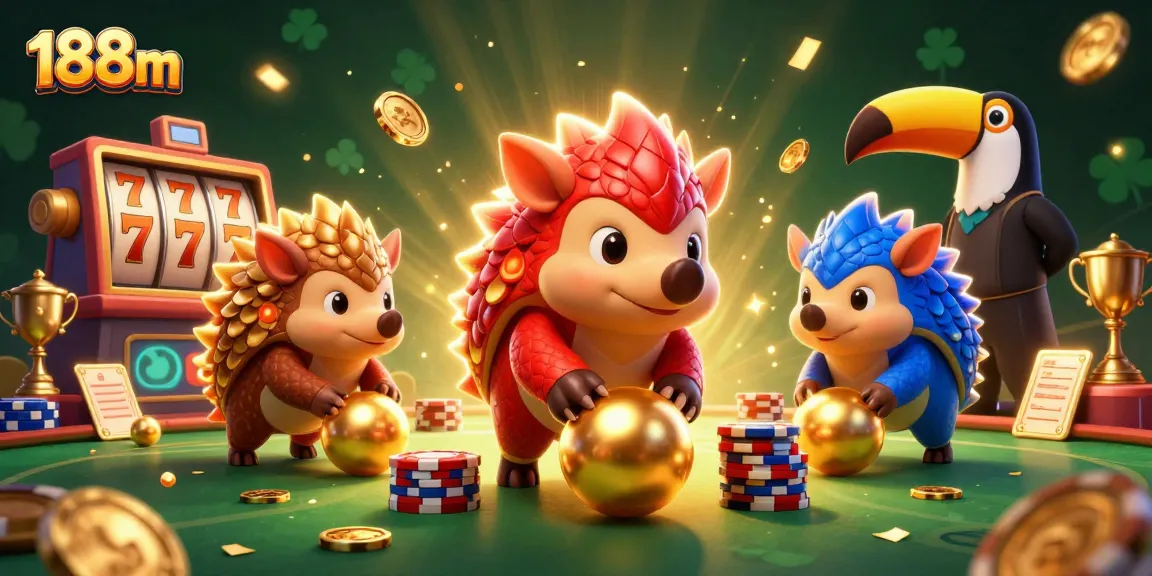 Engage in thrilling 188m slot gaming with rival pangolins amidst golden coins and jackpot excitement.