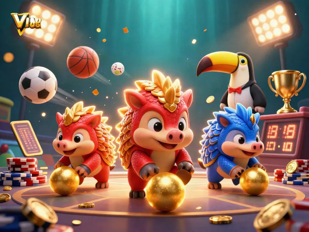 Experience the thrilling games at VIN88 where rival pangolins compete amidst confetti and vibrant sports elements.