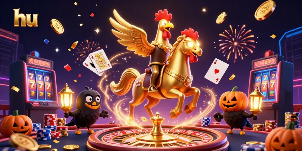 Experience thrilling casino action with hu's vibrant 3D illustration featuring a golden rooster.