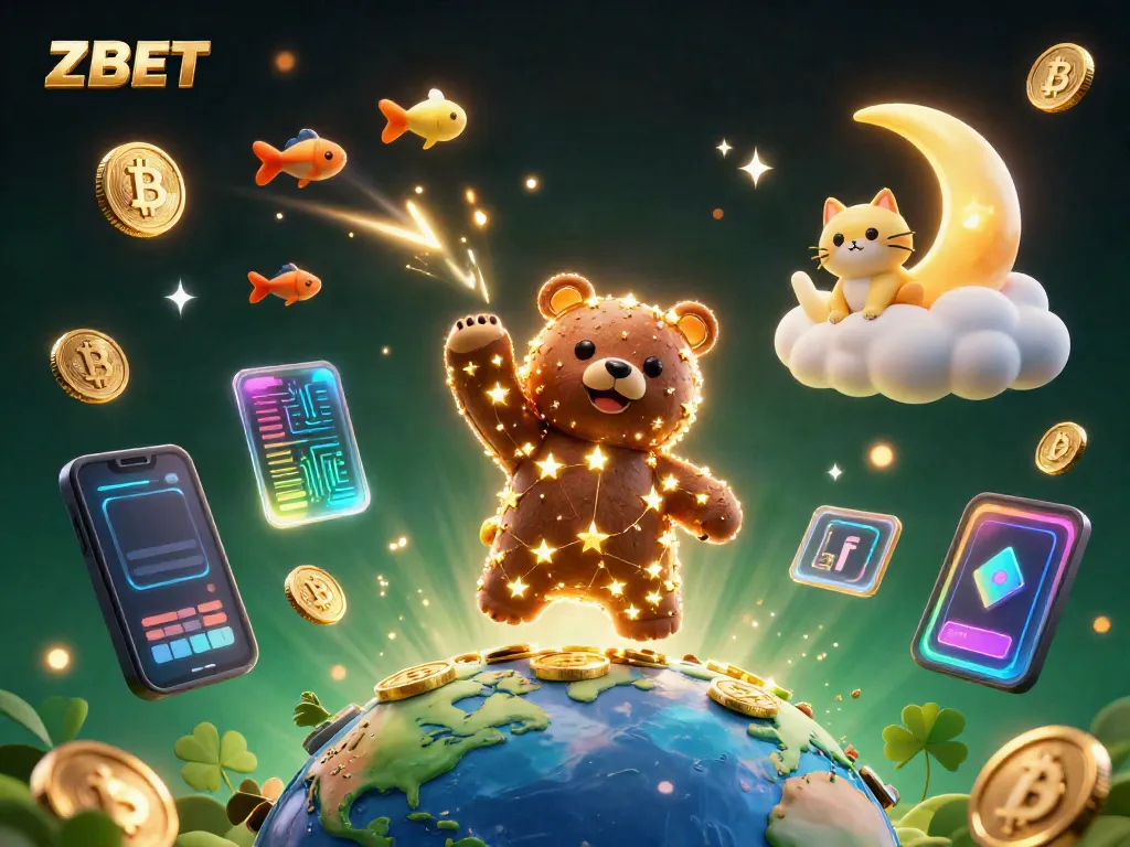 ZBET casino illustration featuring a constellation bear, going for coins, enhanced by vibrant crypto elements.