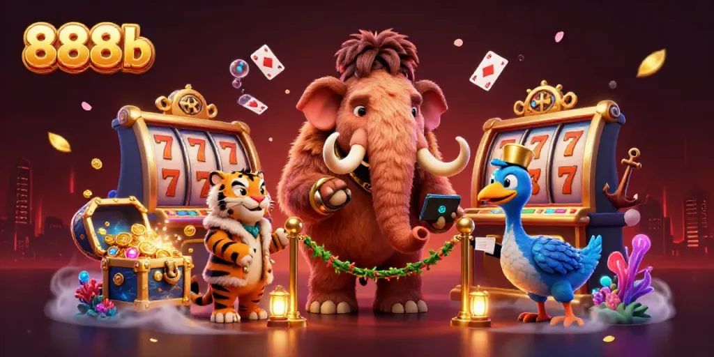 Engage with 888b's vibrant casino atmosphere featuring dynamic characters and animated slot elements.