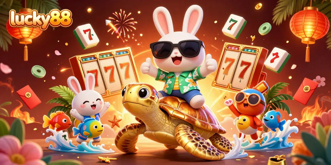 Spin the lucky88 slots with an adorable rabbit and a golden turtle in vibrant casino illustration