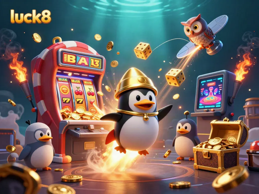 Experience the thrill of luck8 as the golden penguin navigates a cosmic casino adventure filled with vibrant jackpot elements.