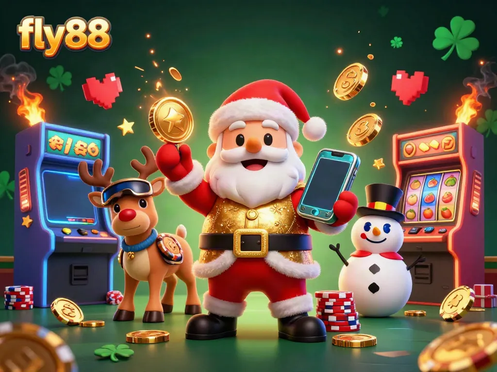 Experience exciting slots at fly88 with a festive scene featuring Santa, a reindeer dealer, and a snowman!