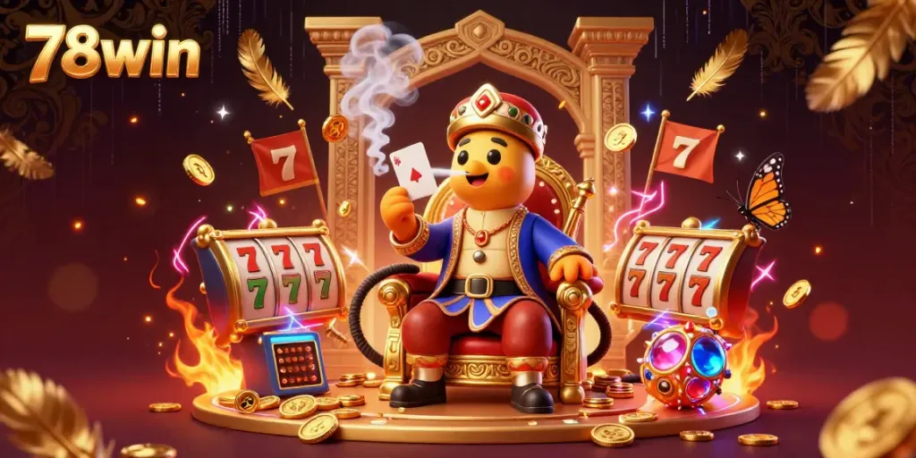 Bet big on 78win with this vibrant 3D casino illustration showcasing excitement and game elements.
