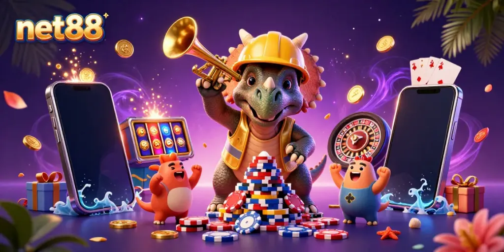 Experience lively gaming with net88 as a triceratops builds poker chip towers among golden coins and cheerful characters.