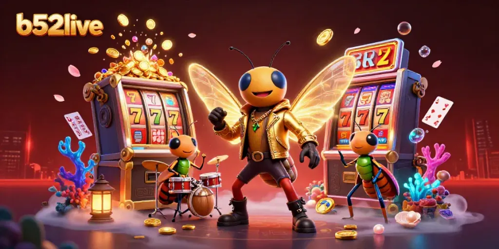 Engage with b52live's dynamic 3D illustration, showcasing a cicada rock star performing in a vibrant casino scene.