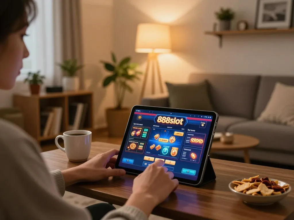Player enjoying the exciting 888slot game on a tablet in a cozy home setting.