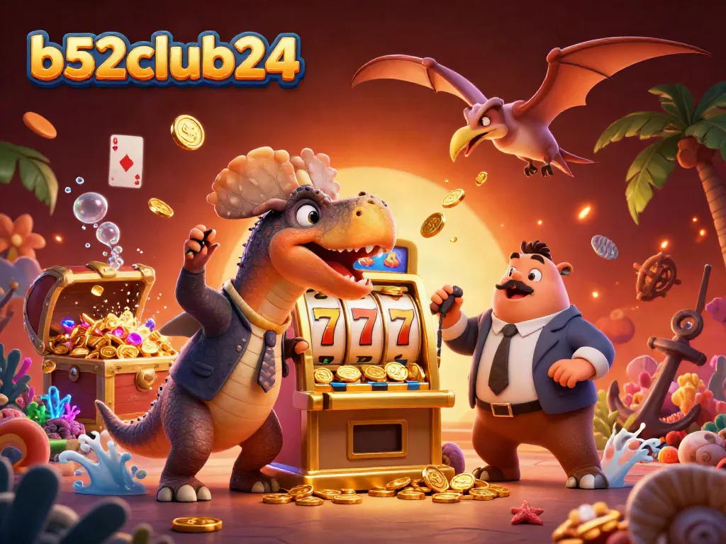 Experience thrilling wins at b52club24 with a pachycephalosaurus jackpot scene featuring golden coins and a casino manager.