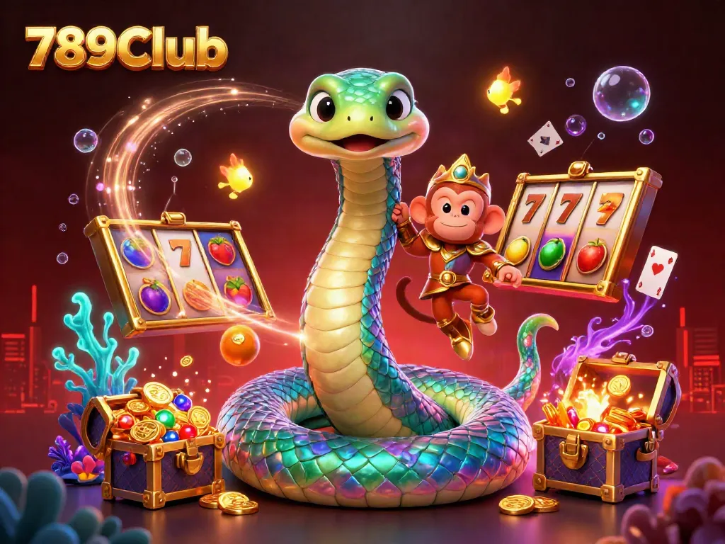 Experience thrilling casino action with 789Club's vibrant 3D characters and slot elements.