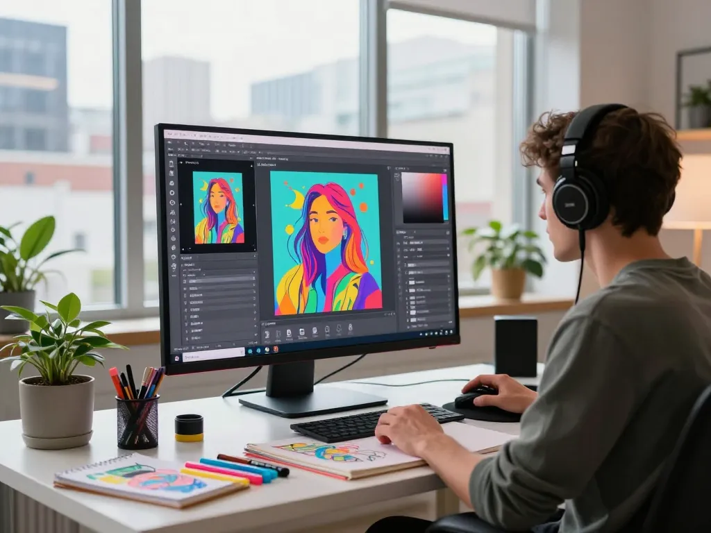Creative artist using Nano Banana AI image editor in a modern workspace