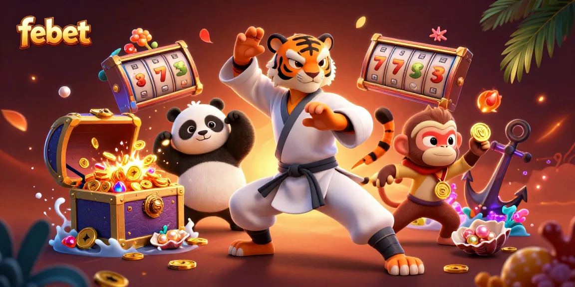Experience the thrill of febet's vibrant casino world, featuring lively characters and colorful slot game elements.