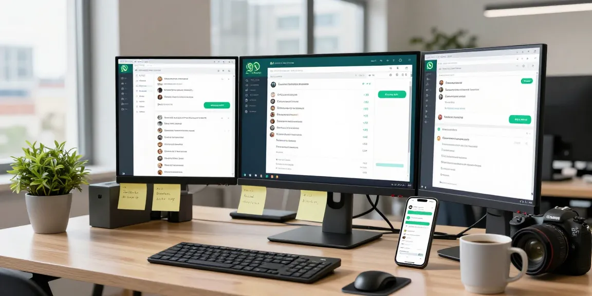 Engaged user utilizing WhatsApp網頁版 on desktop with vibrant chat windows and smartphone integration.