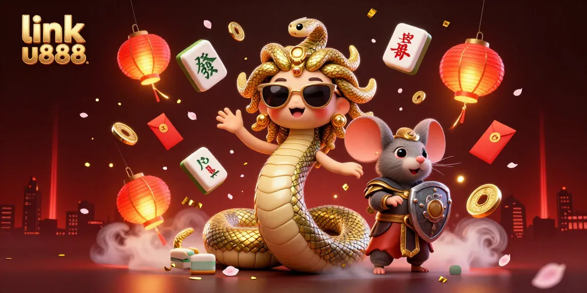Experience thrilling gaming action with link u888 featuring Medusa and a warrior mouse in a vibrant casino scene.