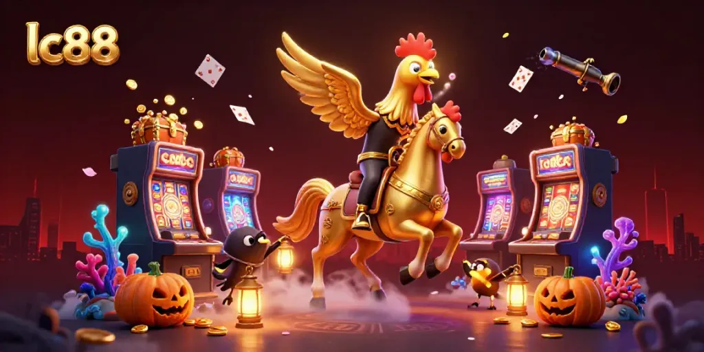 Engage in thrilling casino adventures with lc88 in a vibrant, fantasy-themed illustration of a golden rooster rider.