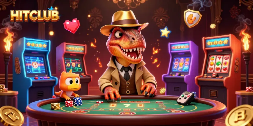 Engage with the action at HITCLUB with a vibrant illustration showcasing a gambling scene packed with dynamic characters and casino elements.