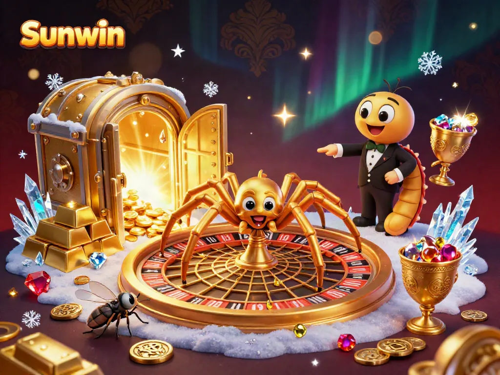 Engaging scene of the Sunwin casino with a golden spider, roulette, and spectacular treasures in a vibrant setting.