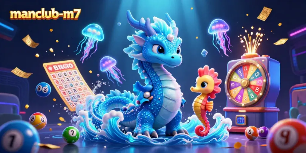Engage in thrilling moments with manclub-m7 as vibrant lottery elements surround dynamic underwater characters.