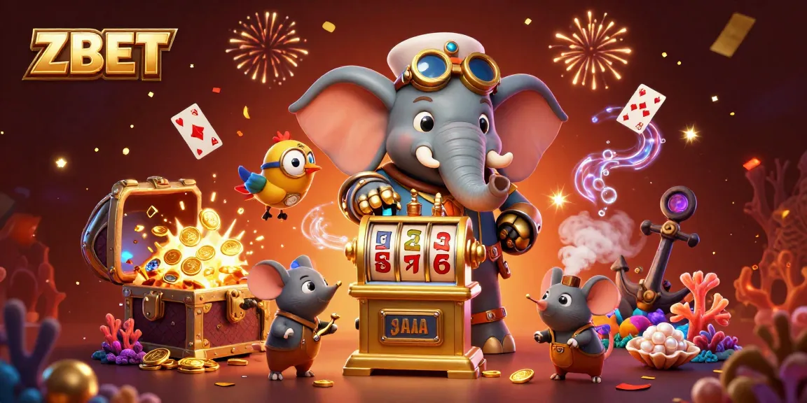 ZBET gaming experience: steampunk elephant engineer at a vibrant online casino slot machine surrounded by treasures