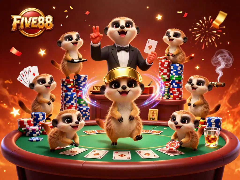 Experience the excitement of FIVE88's casino environment with playful meerkats managing card games and celebrating.