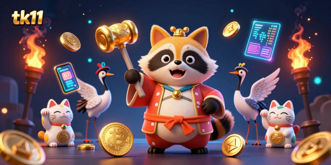Experience thrilling gaming at tk11 with a cheerful tanuki and crypto-themed elements.