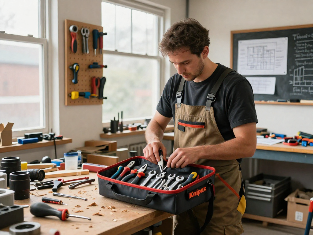 Knipex tool bag filled with essential tools in a vibrant workshop setup