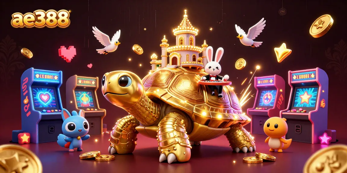 Engage with ae388's unique casino experience featuring a vibrant 3D tortoise casino scene with gold coins and exciting game elements.