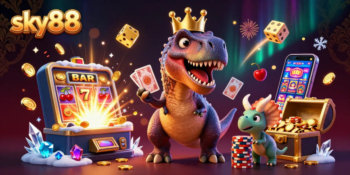 Sky88's exciting scene featuring a T-Rex shuffling cards, a pterodactyl holding cards, and a triceratops stacking chips in a vibrant casino atmosphere.