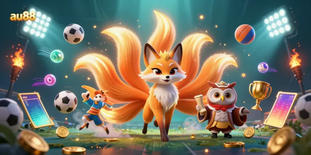 Experience excitement with au88's vibrant casino atmosphere featuring animated spirit characters and dynamic sports elements.