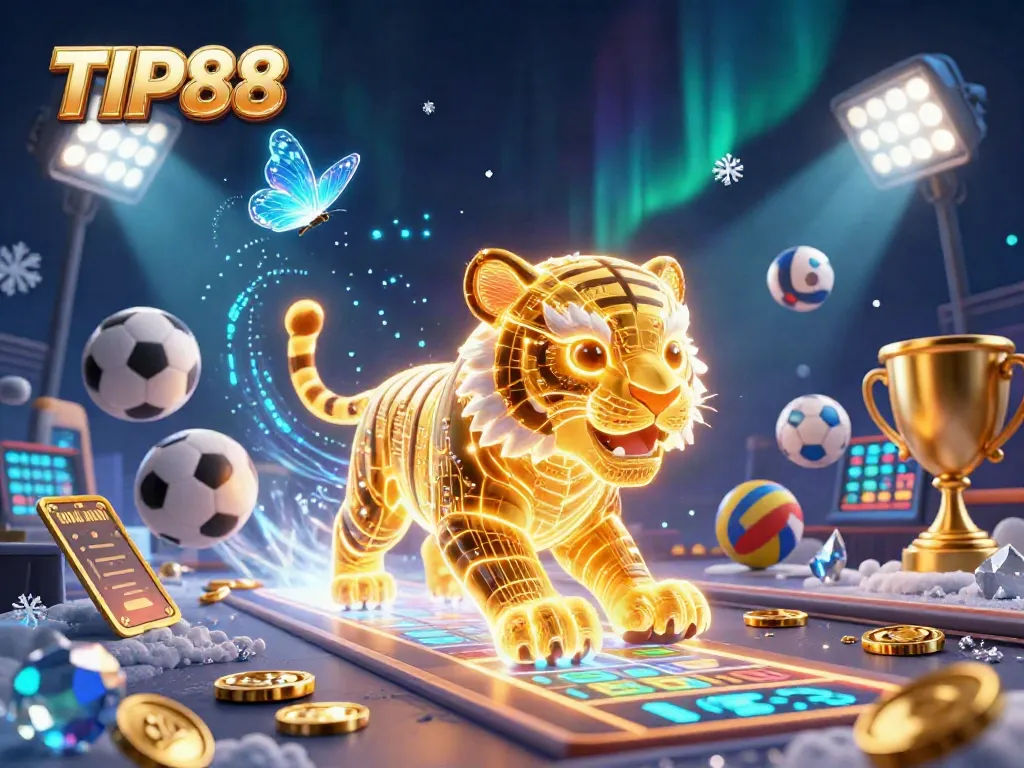 Experience exciting gameplay at TIP88 with a 3D golden tiger and sports elements in a vibrant digital casino.