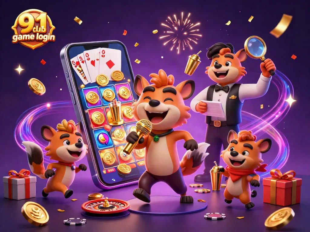 91 club game login - Enjoying a colorful casino experience with hyenas in a 3D cartoon illustration.