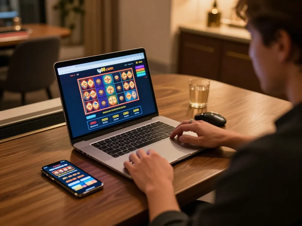 Engaging in dynamic gameplay on tg88 com with a laptop showcasing colorful slot games.