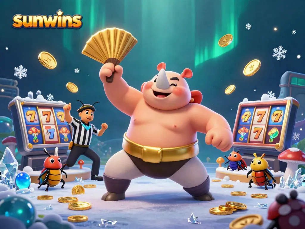Experience sunwins action with a playful beetle sumo champion in a vibrant casino setting.