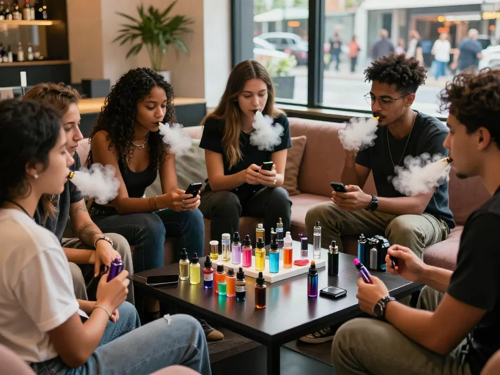 Group discussing what is a shortfill e-liquid with colourful bottles and vape kits in a stylish lounge.