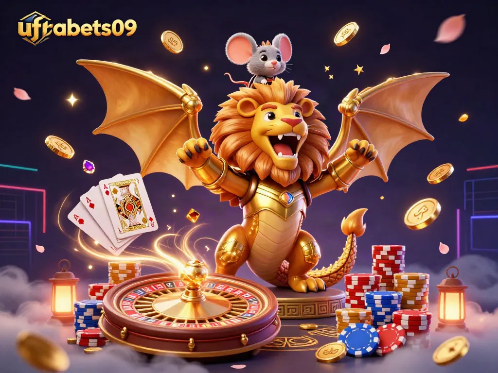 Engage in the excitement of ufabets09 with a thrilling 3D chimera creature, showcasing golden casino elements.