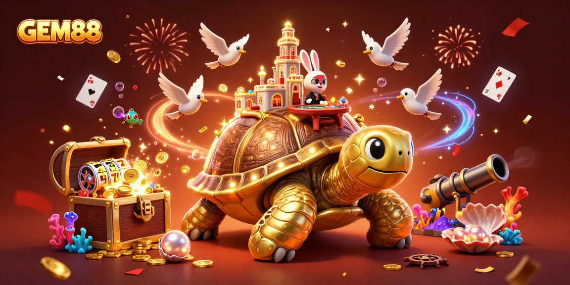 Experience GEM88's vibrant gaming world with golden tortoise, rabbit dealer, and sparkling treasures.
