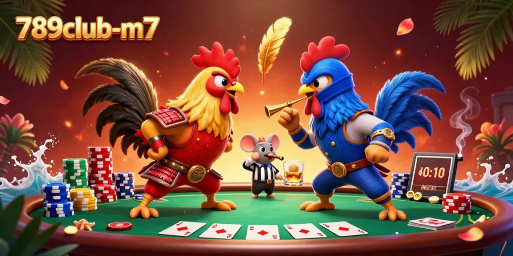 Engage in thrilling gameplay at 789club-m7 with fighting roosters in a high-stakes poker showdown.