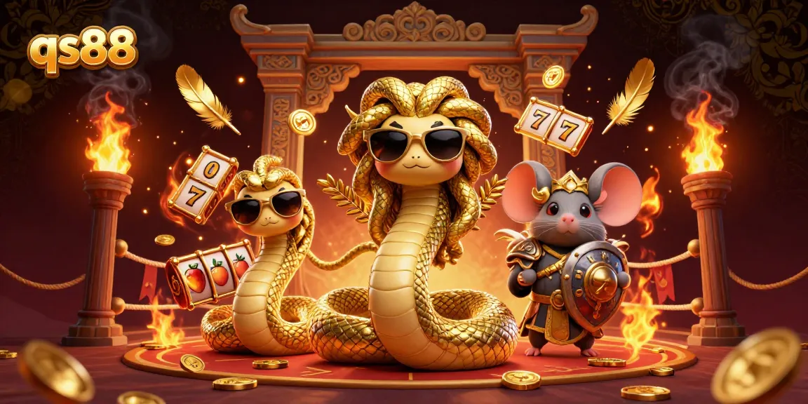 Experience exciting slots with qs88 in a vibrant casino scene featuring Medusa and a warrior.