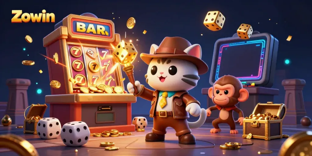 Experience thrilling gameplay at Zowin with a cartoon archaeologist cat discovering casino treasures.