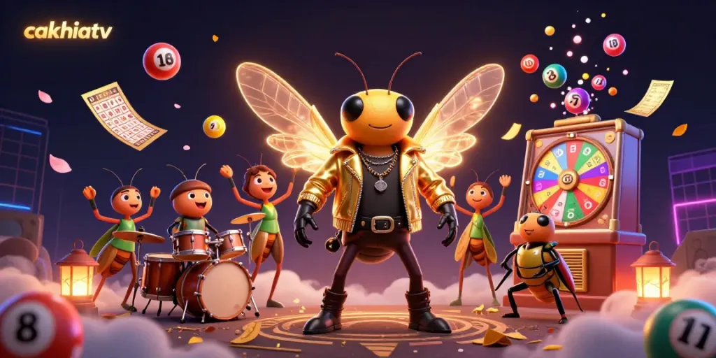 Cakhiatv's vibrant 3D illustration capturing a rock star cicada and friends, celebrating dynamic gambling elements.