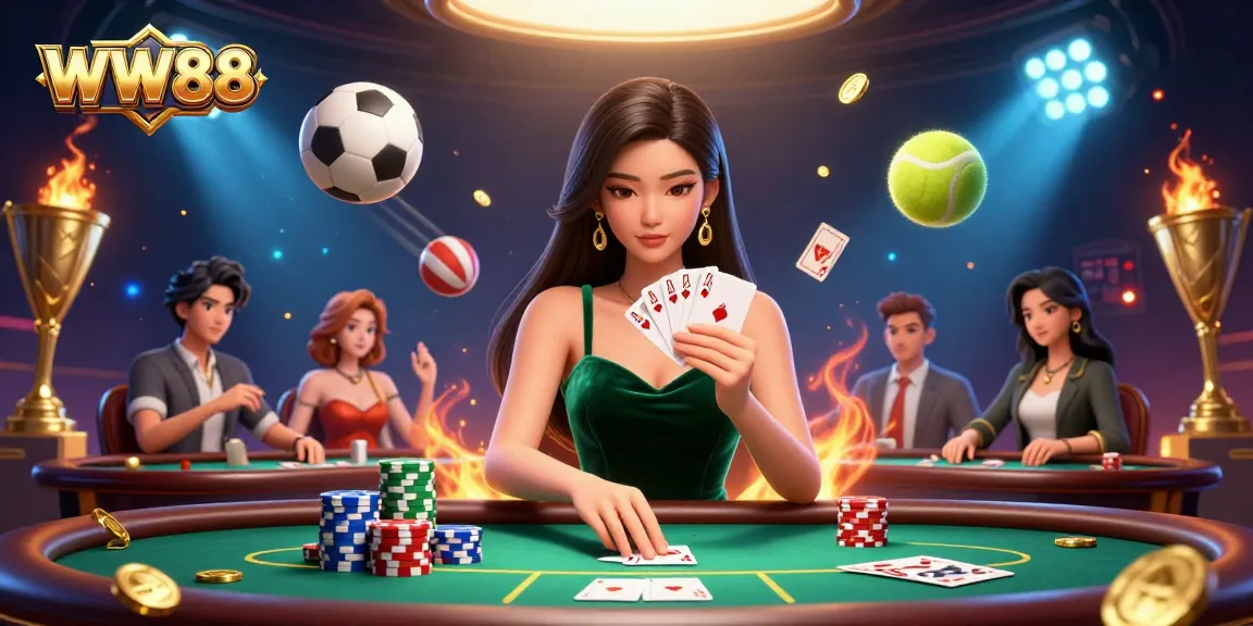 WW88 betting strategy illustration featuring a focused Asian woman at a poker table among dynamic sports elements.