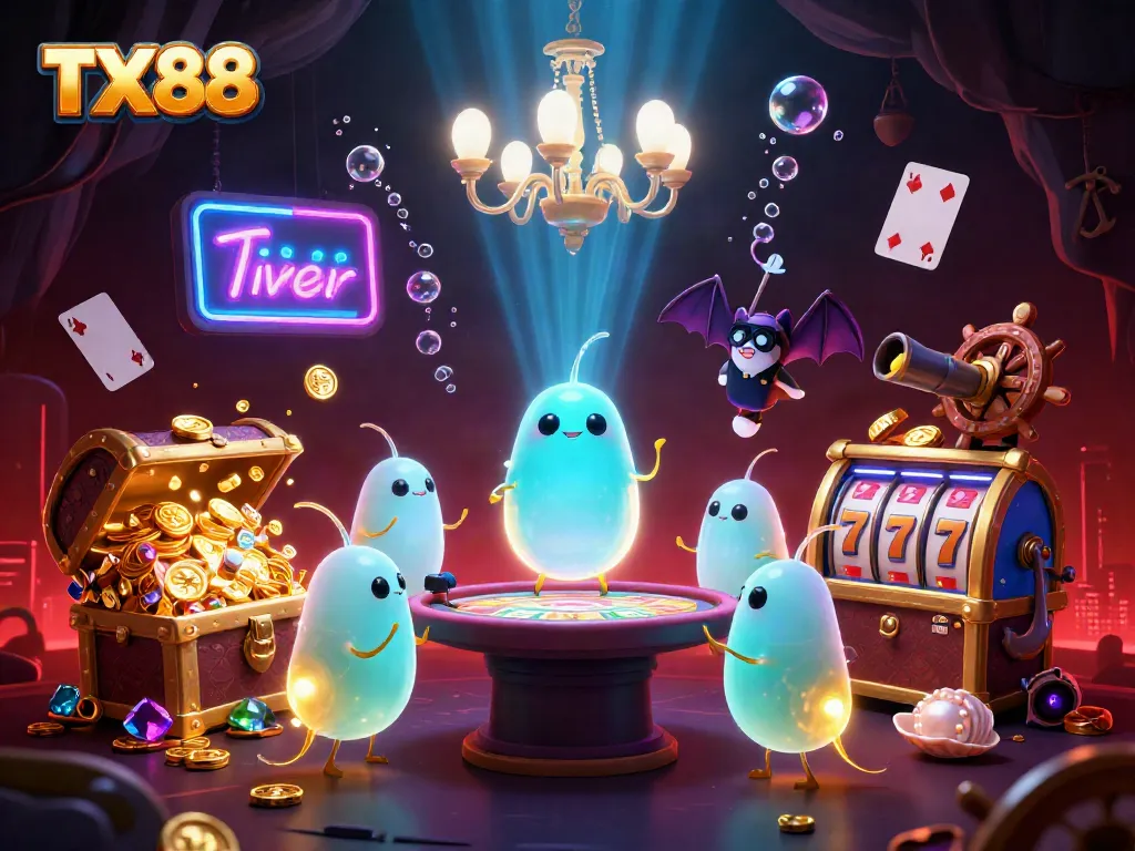TX88 illuminates a vibrant cave casino with glowworms and a bat dealer amidst high-stakes slots and treasures.