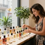 Youthful woman discovering her perfect fragrance in a boutique, exploring the Signature Scent Guide.