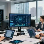 IT specialists discussing server performance metrics for rokok88 in a modern workspace.