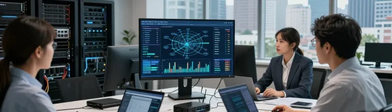 IT specialists discussing server performance metrics for rokok88 in a modern workspace.