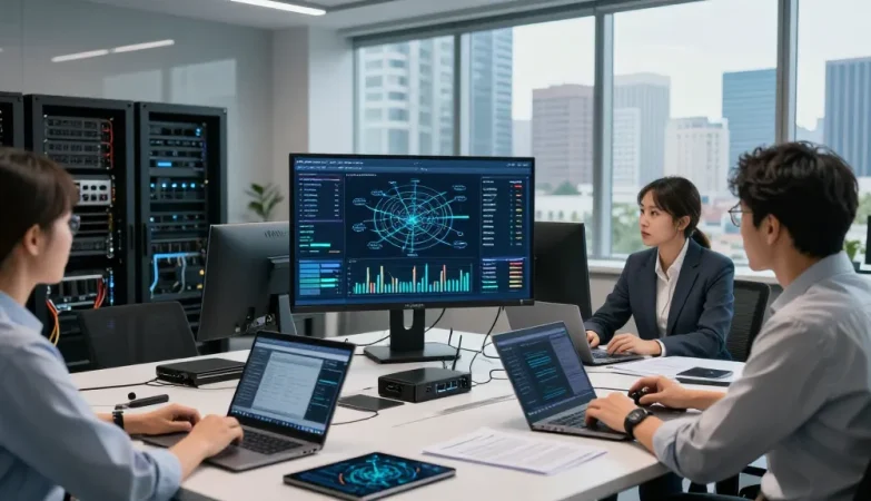 IT specialists discussing server performance metrics for rokok88 in a modern workspace.