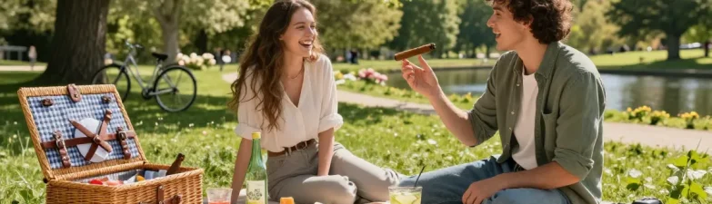 rokok88 cigars and gourmet snacks in a lush park setting