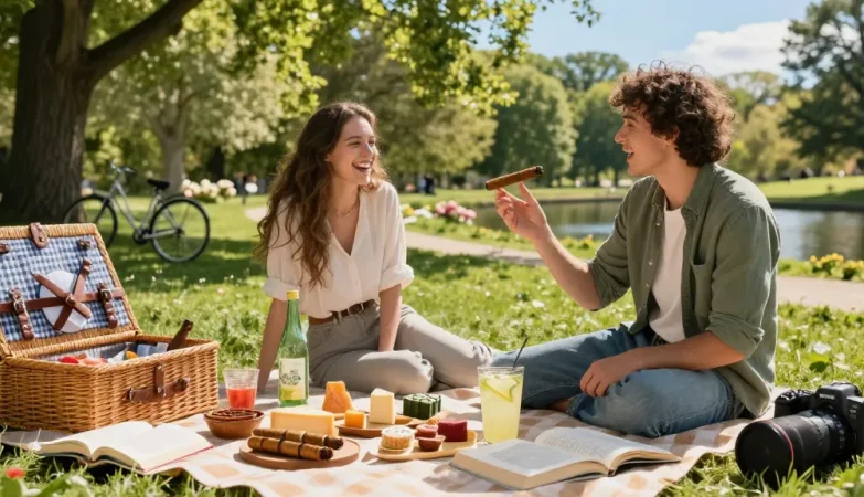rokok88 cigars and gourmet snacks in a lush park setting